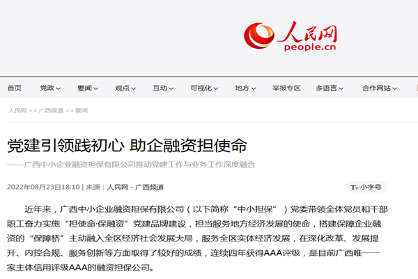 人民網 |黨建引領踐初心 助企融資擔使命 ——廣西中小企業(yè)融資擔保有限公司推動黨建工作與業(yè)務工作深度融合